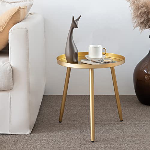 Boho Gold End Table for Living Room, Bedroom, or Balcony - Metal Side Table & Plant Stand with Tray and 3 Legs, Indoor & Outdoor Decor
