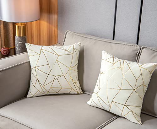 YONGLIU Set of 2 Velvet Cushion Cases Decorative Gold Foil Geometric Pattern Ultra-Soft Square Throw Pillow Covers for Modern Homes Couch Sofa Bedroom Living Room Car Chair(Off White, 20"X20")