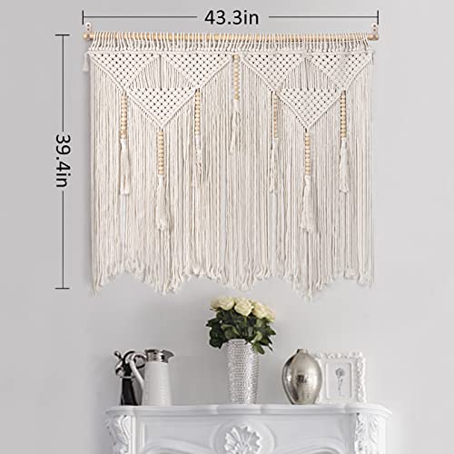 Boho Macrame Large Wall Hanging 43.3" × 39.4" - Chic Bohemian Woven Wall Decor for Home, Includes Hanging Rod