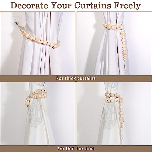 Boho Wood Curtain Tiebacks - Set of 6 Hexagon Beads Holdbacks for Farmhouse Curtains