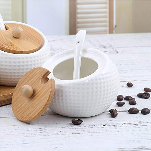 Porcelain Condiment Jar Spice Container with Lids, Bamboo Cap Holder, Ceramic Serving Spoon, Wooden Tray, Set of 3