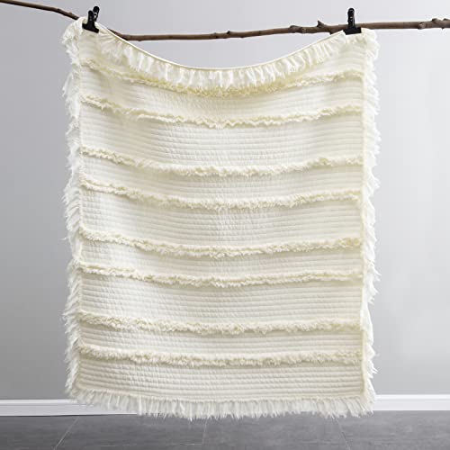 Ultra Soft Pre-Washed Quilted Throw Blanket, Ruffle Fringed Cream Boho Decorative Stone Washed Chic Rustic Blanket for Sofa Couch Bed Chair, 50"x 60"