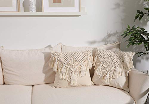 Boho Macrame Throw Pillow Cushion Covers with Tassels, Set of 2 Decorative Pillowcases
