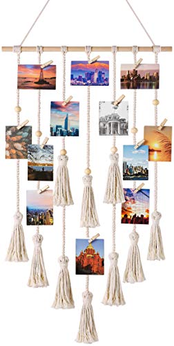 Hanging Macrame Photo Display - Boho Wall Decor with 30 Wood Clips for Bedroom, Dorm, Home Office - Ivory