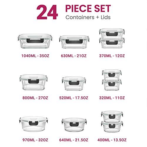 Glass Storage Containers with Lids - 24 Piece Set for Meal Prep and Leftovers