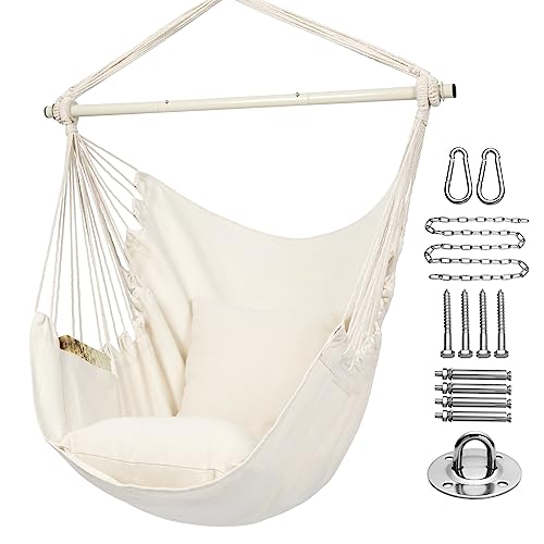 Boho Hammock Chair Hanging Rope Swing, Max 320 Lbs, 2 Seat Cushions Included, Indoor and Outdoor Use