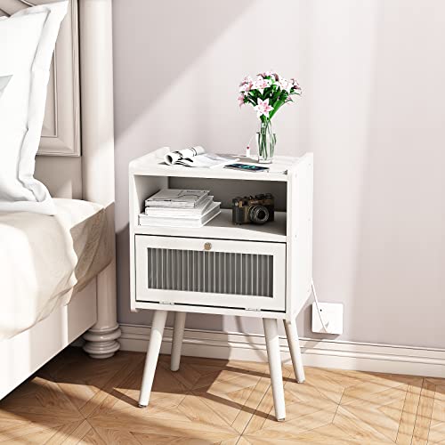 Nightstand with Charging Station and Glass Door - 2-Tier Bedside Table for Bedroom & Living Room