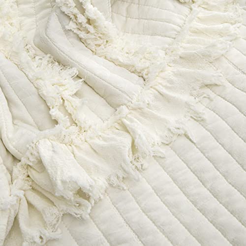 Ultra Soft Pre-Washed Quilted Throw Blanket, Ruffle Fringed Cream Boho Decorative Stone Washed Chic Rustic Blanket for Sofa Couch Bed Chair, 50"x 60"
