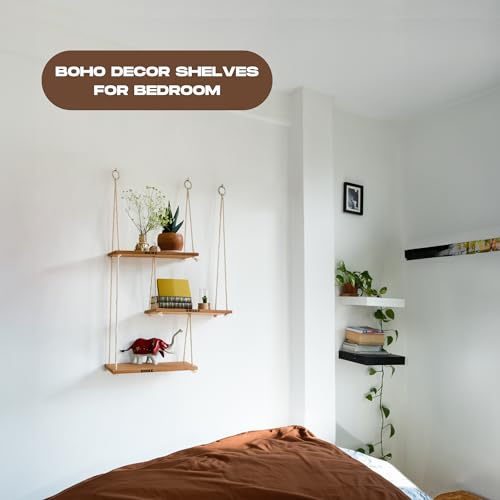 Hanging Shelves for Wall - Boho Shelves Hanging Plant Shelf - Rope Shelf for Wall Decor Living Room Decor Aesthetic - Hanging Wall Shelves for Bedroom Decor Boho Wall Decor Floating Shelves Bathroom