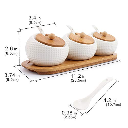 Porcelain Condiment Jar Spice Container with Lids, Bamboo Cap Holder, Ceramic Serving Spoon, Wooden Tray, Set of 3