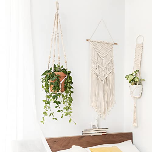 Mkono Macrame Plant Hanger Indoor Hanging Planter Basket with Wood Beads Decorative Flower Pot Holder No Tassels for Indoor Outdoor Boho Home Decor 35 Inch, Ivory (POTS NOT Included)