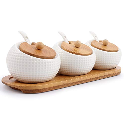 Porcelain Condiment Jar Spice Container with Lids, Bamboo Cap Holder, Ceramic Serving Spoon, Wooden Tray, Set of 3