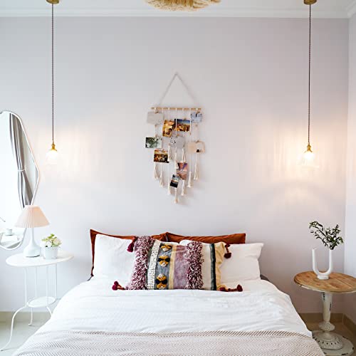 Hanging Macrame Photo Display - Boho Wall Decor with 30 Wood Clips for Bedroom, Dorm, Home Office - Ivory
