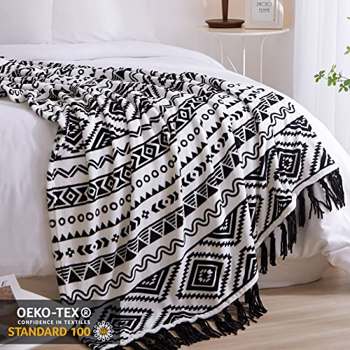 Boho Tassel Throw Blanket - Black and White Decorative Flannel Blanket for Chair, Bed, Sofa, Couch (50x60 Inches)