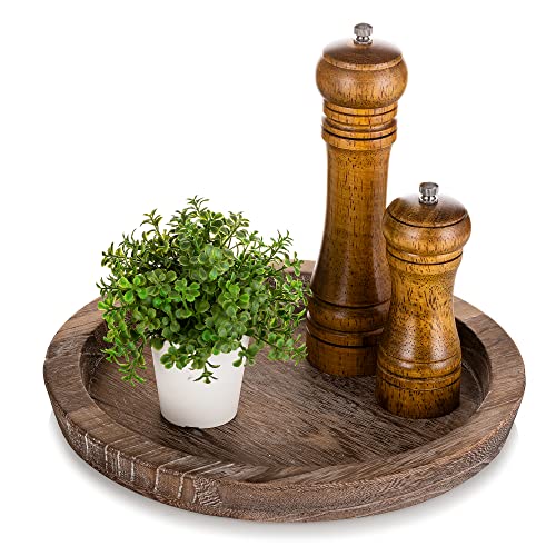 Hanobe Rustic Wooden Serving Tray - Round Wood Butler Decorative Tray Vintage Centerpiece Candle Holder Trays Farmhouse Ottoman Tray for Kitchen Countertop Home Decor for Coffee Table
