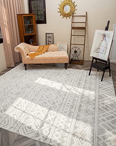 Boho 8x10 Neutral Area Rug: Modern Carpet for Bedroom, Living Room, and Playroom Decor
