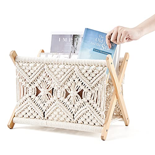 Boho Macrame Magazine Rack - Standing Basket for Books, Newspapers, Swaddle Blankets, and Home Decor - 14"x10" Storage Holder for Dorm, Living Room, Office, Nursery