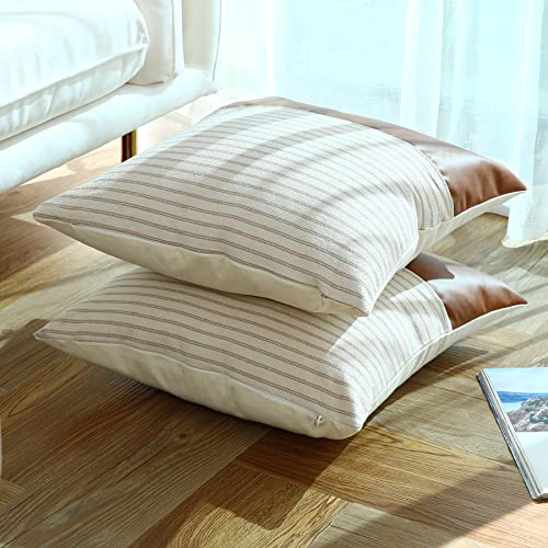 Boho Throw Pillow Covers 18x18, Khaki Stripes Textured Cotton Faux Leather Stitching Square Farmhouse Pillow Covers