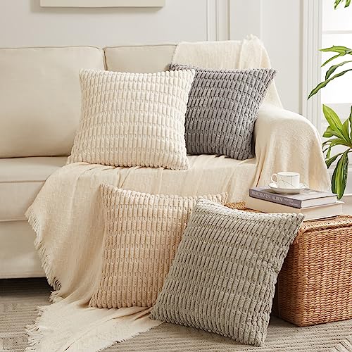 2-Pack Decorative Throw Pillow Covers 18x18 Inch - Soft Striped Corduroy Cushion Cases for Couch, Bed, Sofa - Rustic Farmhouse Boho Home Decor