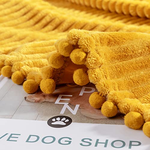 Boho Yellow Fleece Throw Blanket - Soft, Plush, Fluffy, Cozy with Pompom Fringe, Perfect for Couch, Bed, Sofa
