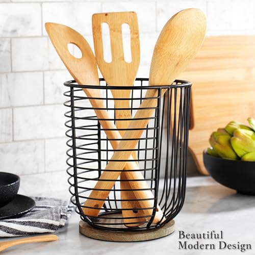 Boho Farmhouse Extra Large Black Utensil Holder with Wooden Base - Kitchen Countertop Organizer