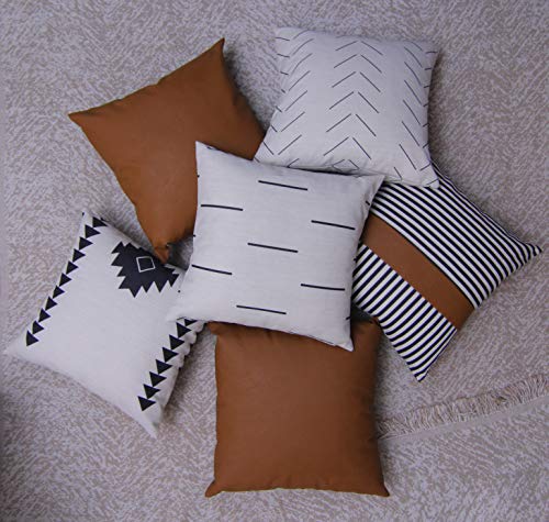 Boho Throw Pillow Covers Set of 6 - Farmhouse Living Room Decor (White Geometric)