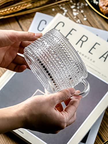 Boho Vintage Glass Coffee Mugs (Set of 2) - Clear Embossed Tea Cups for Cappuccino, Latte - Cute Gift