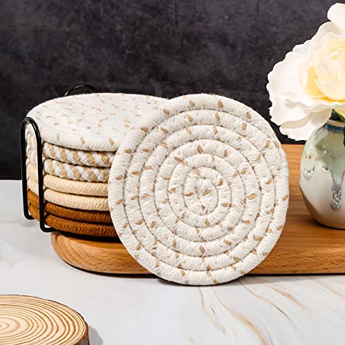 Mckanti 8 Pcs Drink Coasters with Holder, Minimalist Cotton Woven 4 Colors Absorbent Coaster Set for Home Decor Tabletop Protection Suitable for Kinds of Cups, 4.3 Inches.(NO.2)