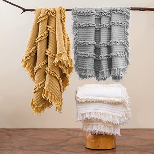 Ultra Soft Pre-Washed Quilted Throw Blanket, Ruffle Fringed Cream Boho Decorative Stone Washed Chic Rustic Blanket for Sofa Couch Bed Chair, 50"x 60"