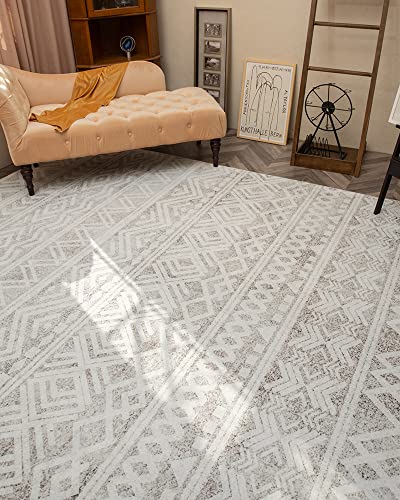 Boho 8x10 Neutral Area Rug: Modern Carpet for Bedroom, Living Room, and Playroom Decor