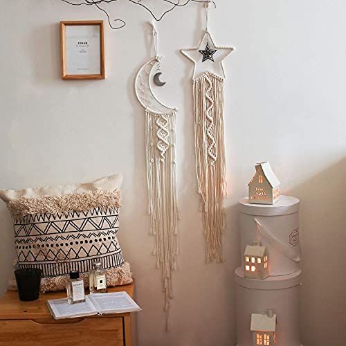 Star Moon Dreamcatcher 2pcs Boho Baby moom Decor Dream Catcher, Christmas Decorations Home Decor Room Decor Gifts for mom Gifts for Women Nursery Decor Interesting Finds Boho Wall Decor.