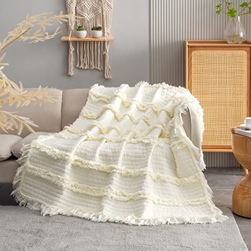 Ultra Soft Pre-Washed Quilted Throw Blanket, Ruffle Fringed Cream Boho Decorative Stone Washed Chic Rustic Blanket for Sofa Couch Bed Chair, 50"x 60"