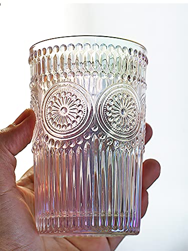 Kingrol 6 Pack 12 oz Romantic Water Glasses, Rainbow Drinking Glasses Tumblers, Vintage Glassware Set for Juice, Beverages, Beer, Cocktail