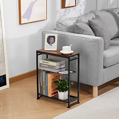 Slim Side Table with Magazine Holder, Narrow End Table for Small Spaces, Bedroom & Living Room