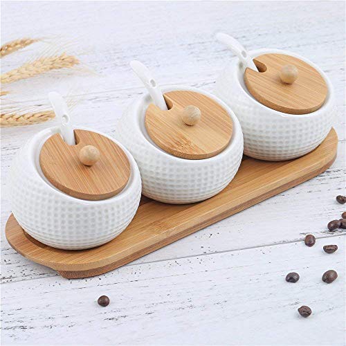 Porcelain Condiment Jar Spice Container with Lids, Bamboo Cap Holder, Ceramic Serving Spoon, Wooden Tray, Set of 3