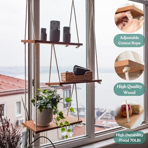 Hanging Shelves for Wall - Boho Shelves Hanging Plant Shelf - Rope Shelf for Wall Decor Living Room Decor Aesthetic - Hanging Wall Shelves for Bedroom Decor Boho Wall Decor Floating Shelves Bathroom