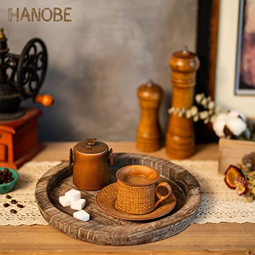 Hanobe Rustic Wooden Serving Tray - Round Wood Butler Decorative Tray Vintage Centerpiece Candle Holder Trays Farmhouse Ottoman Tray for Kitchen Countertop Home Decor for Coffee Table