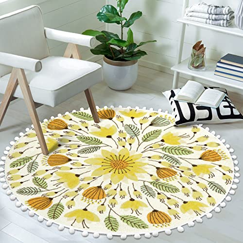 Boho Pom Poms Fringe Round Rug for Bedroom and Living Room, 4' Circle Floral Plant Washable Area Rug