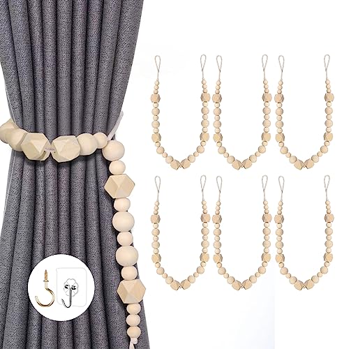 Boho Wood Curtain Tiebacks - Set of 6 Hexagon Beads Holdbacks for Farmhouse Curtains