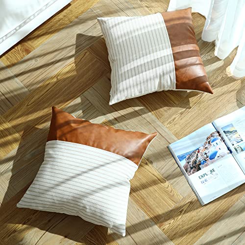 Boho Throw Pillow Covers 18x18, Khaki Stripes Textured Cotton Faux Leather Stitching Square Farmhouse Pillow Covers