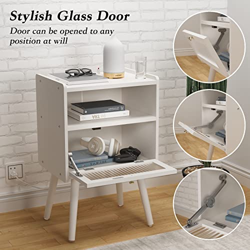 Nightstand with Charging Station and Glass Door - 2-Tier Bedside Table for Bedroom & Living Room