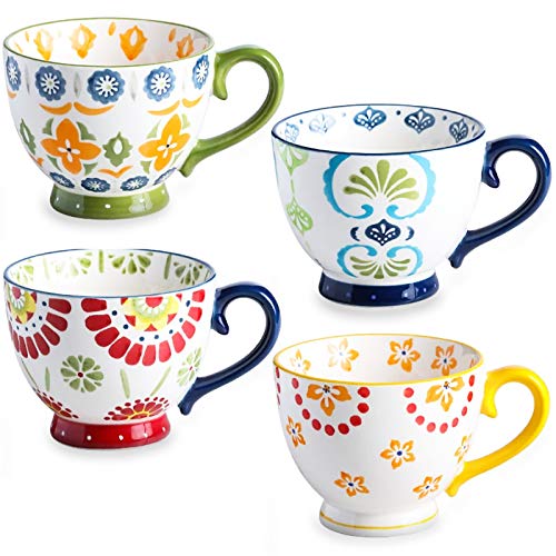 Boho Ceramic Coffee Mugs Set - 15oz Black Mugs for Coffee, Latte, Cappuccino, Tea, Cocoa, Cereal, Hot Chocolate (Set of 4)
