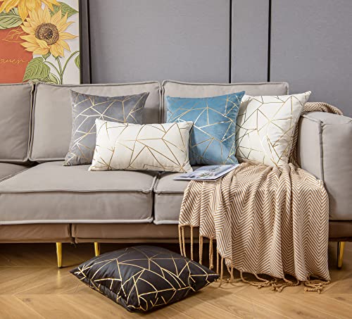 YONGLIU Set of 2 Velvet Cushion Cases Decorative Gold Foil Geometric Pattern Ultra-Soft Square Throw Pillow Covers for Modern Homes Couch Sofa Bedroom Living Room Car Chair(Off White, 20"X20")