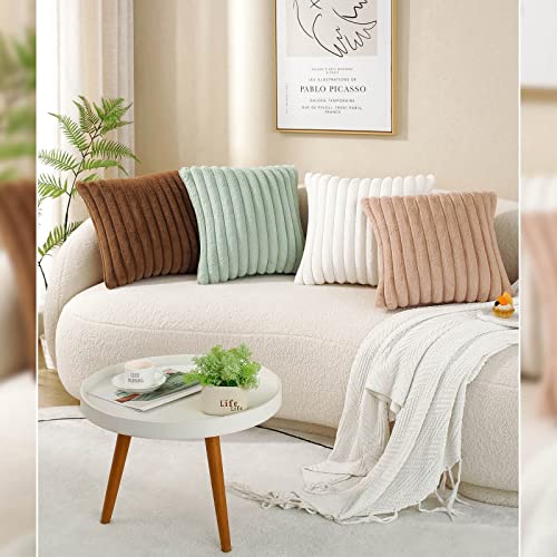 Boho Faux Fur Throw Pillow Covers, Super Soft Fuzzy Striped, Pack of 2, 18 x 18-Inch Brown