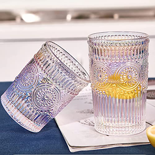 Kingrol 6 Pack 12 oz Romantic Water Glasses, Rainbow Drinking Glasses Tumblers, Vintage Glassware Set for Juice, Beverages, Beer, Cocktail