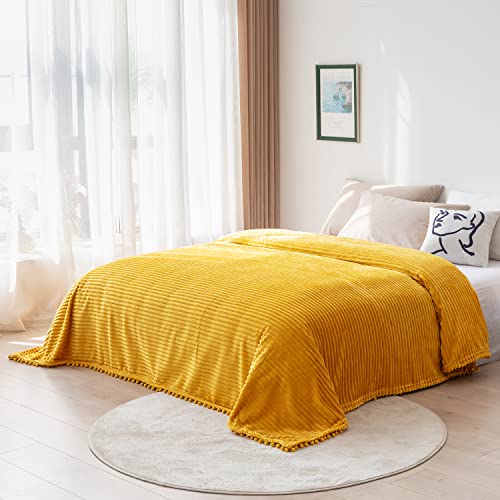 Boho Yellow Fleece Throw Blanket - Soft, Plush, Fluffy, Cozy with Pompom Fringe, Perfect for Couch, Bed, Sofa