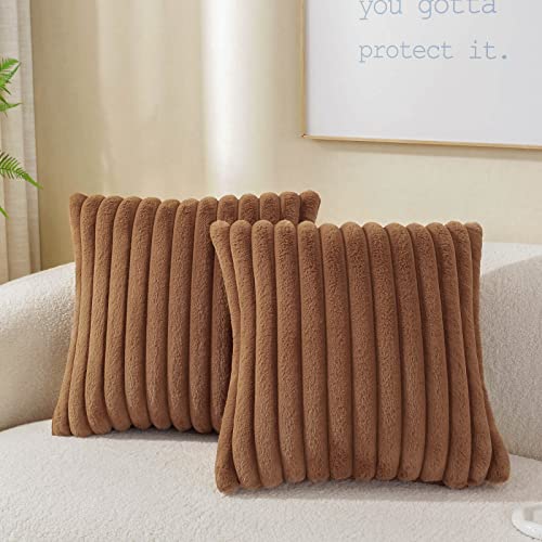Boho Faux Fur Throw Pillow Covers, Super Soft Fuzzy Striped, Pack of 2, 18 x 18-Inch Brown