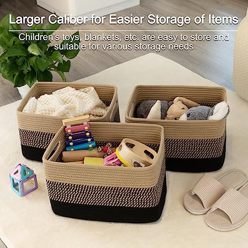 Cotton Rope Storage Baskets for Toys and Towels, Pack of 3, Black & Brown