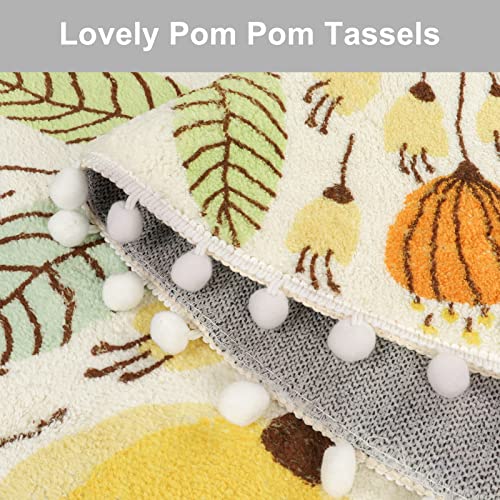 Boho Pom Poms Fringe Round Rug for Bedroom and Living Room, 4' Circle Floral Plant Washable Area Rug