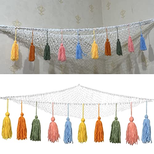 Stuffed Animal Net Hammock with Tassels, Corner Hanging Mesh Toy Storage Organizer